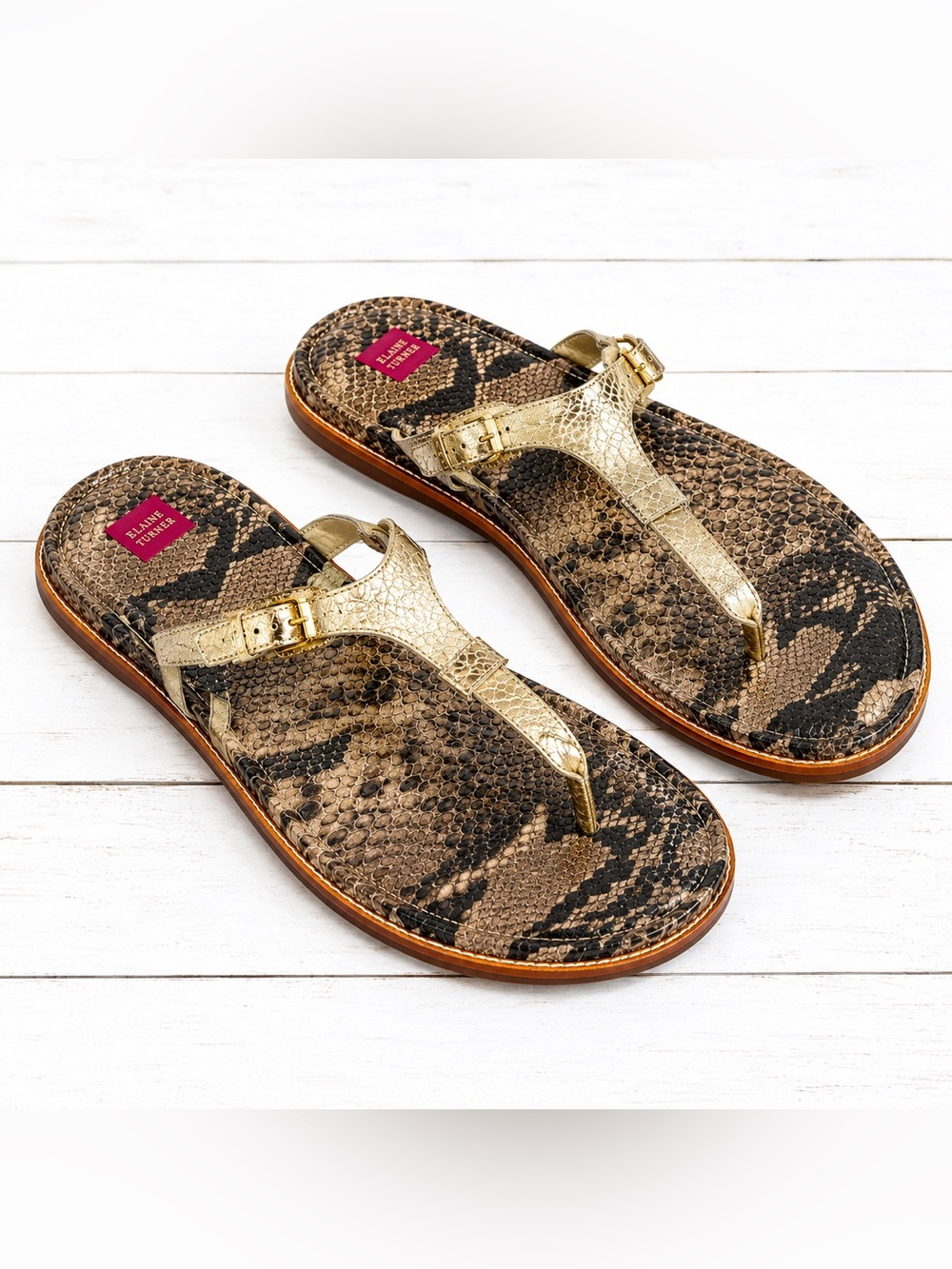 Elaine Turner Gray taupe snake embossed flip flop thong sandal 8